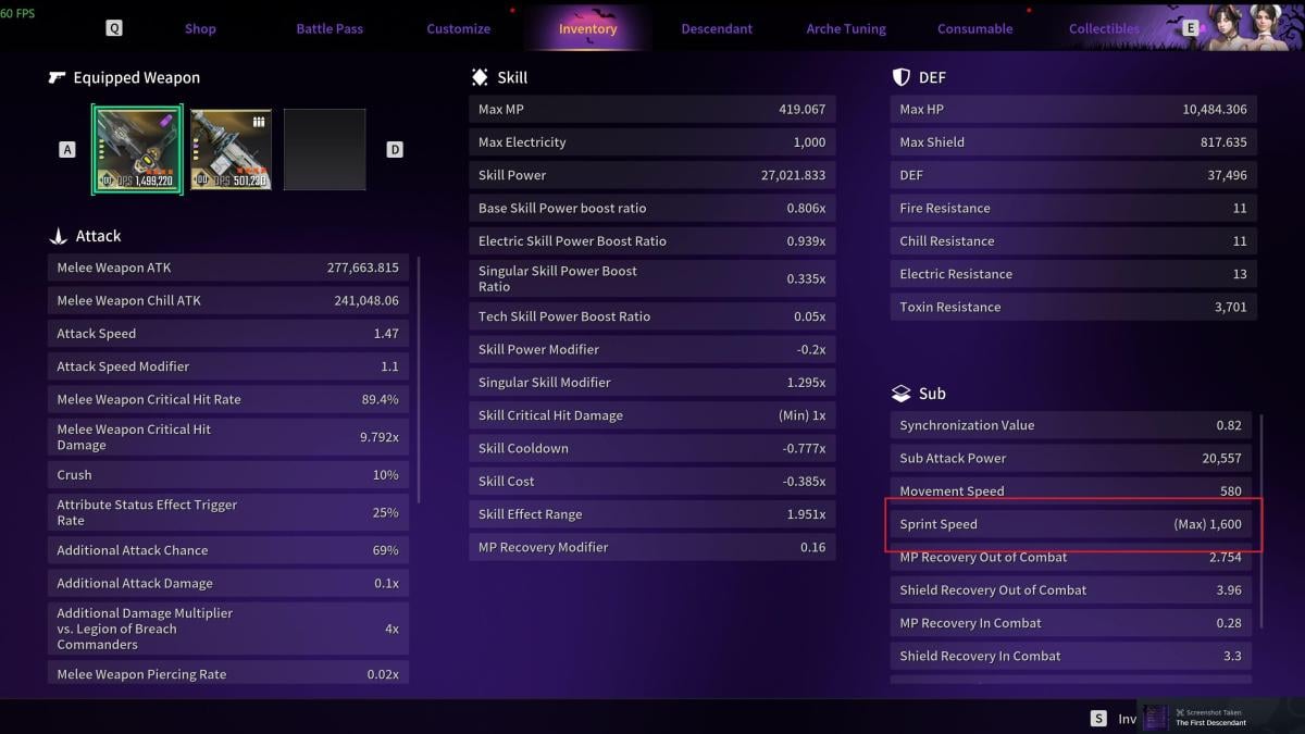 Max Sprint Speed 1600